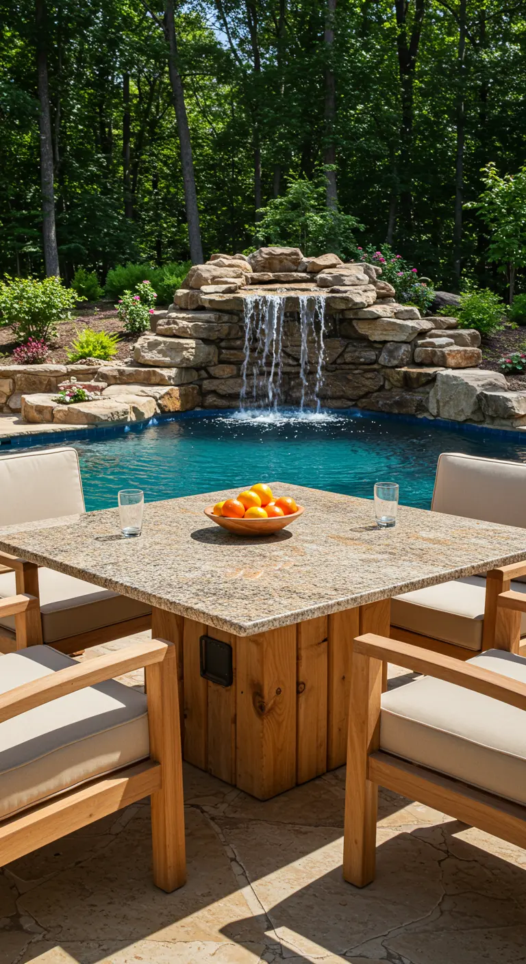 Table carrée avec plateau en granit et foyer intégré près d'une piscine.