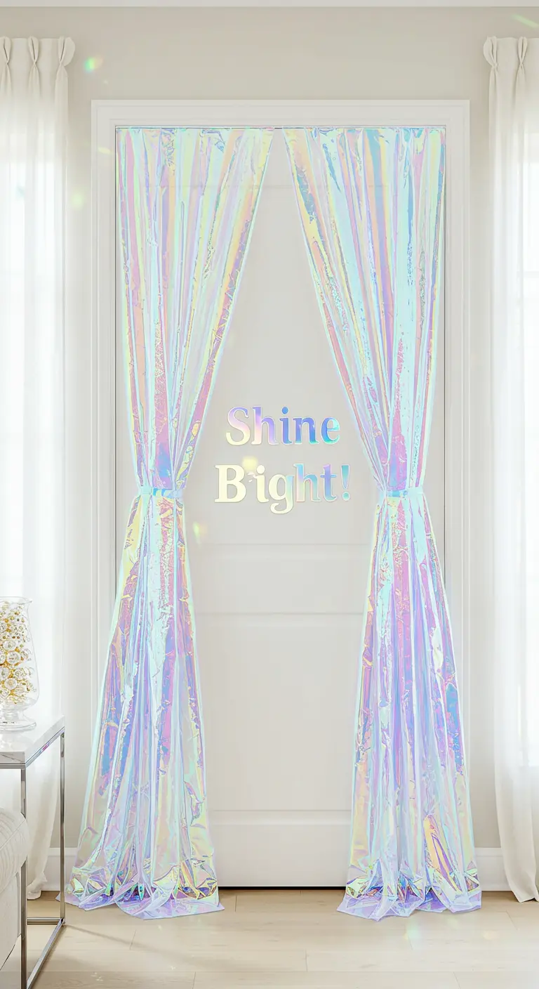 Porte blanche avec rideaux en tissu iridescent attachés et néon 