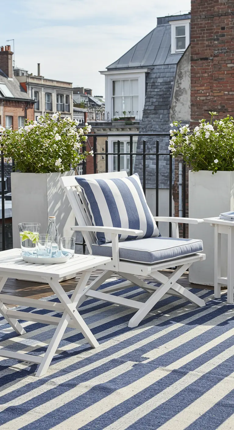 Chaise en bois blanc avec coussin rayé sur un tapis bleu et blanc.