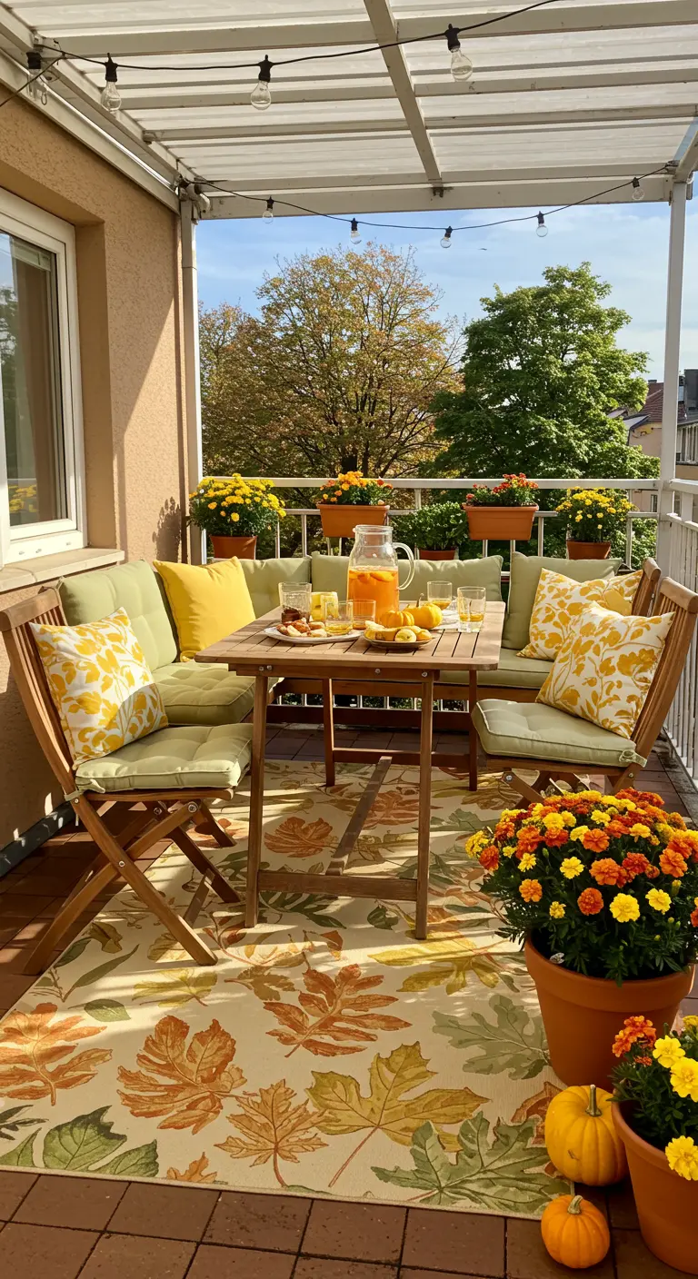 Balcon ensoleillé avec salon de jardin en bois, coussins verts, tapis feuilles d'automne et fleurs jaunes.