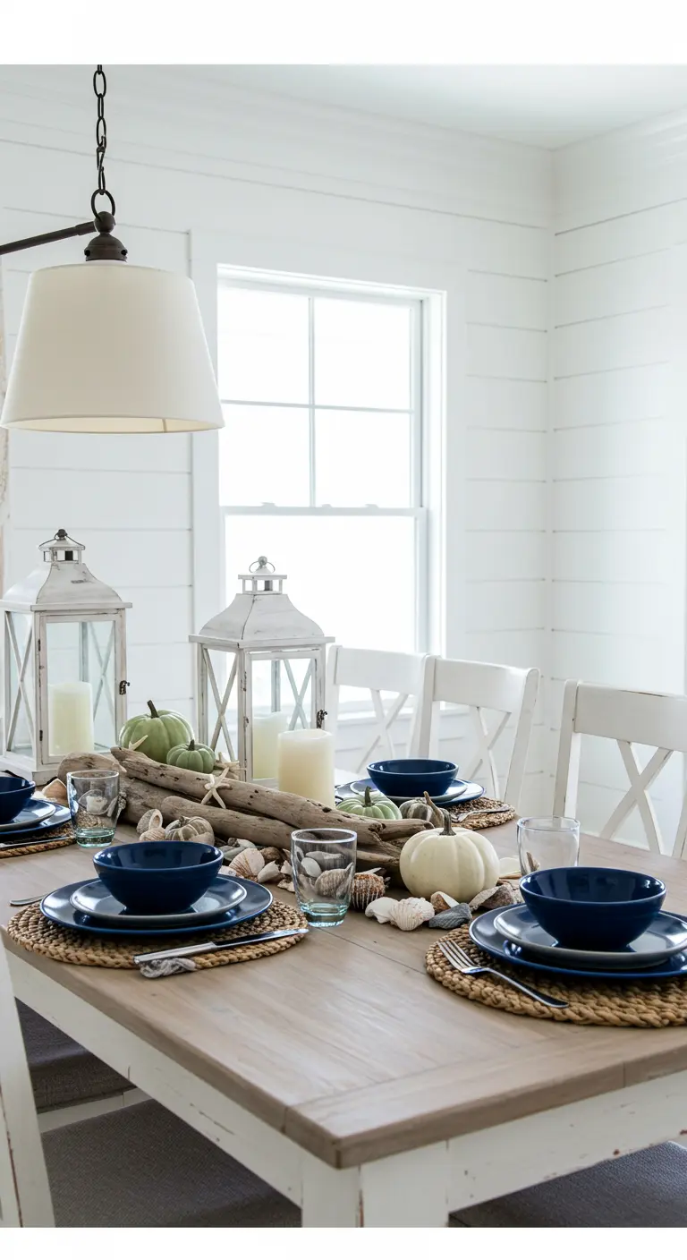 Table de style côtier avec du bois flotté, des coquillages et des citrouilles vertes et blanches.