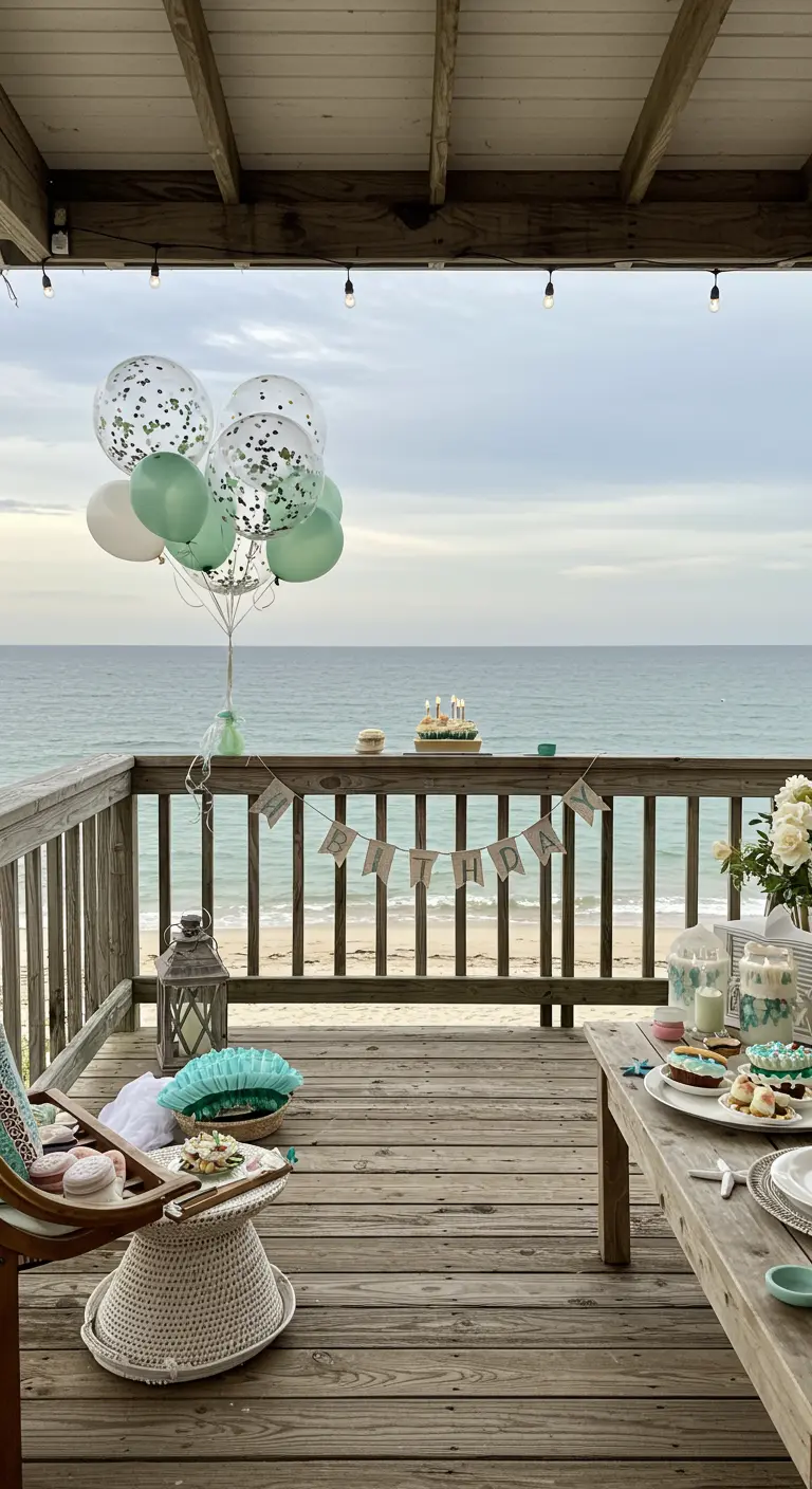 Bouquet de ballons verts et transparents sur un balcon en bois face à la mer.