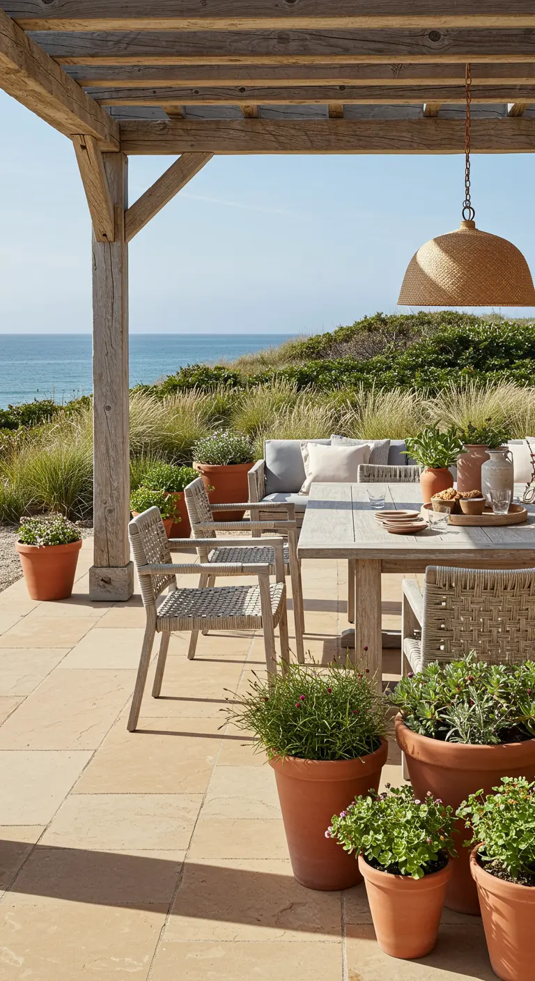 Table de repas en bois clair sous une pergola face à la mer, avec des chaises tressées.