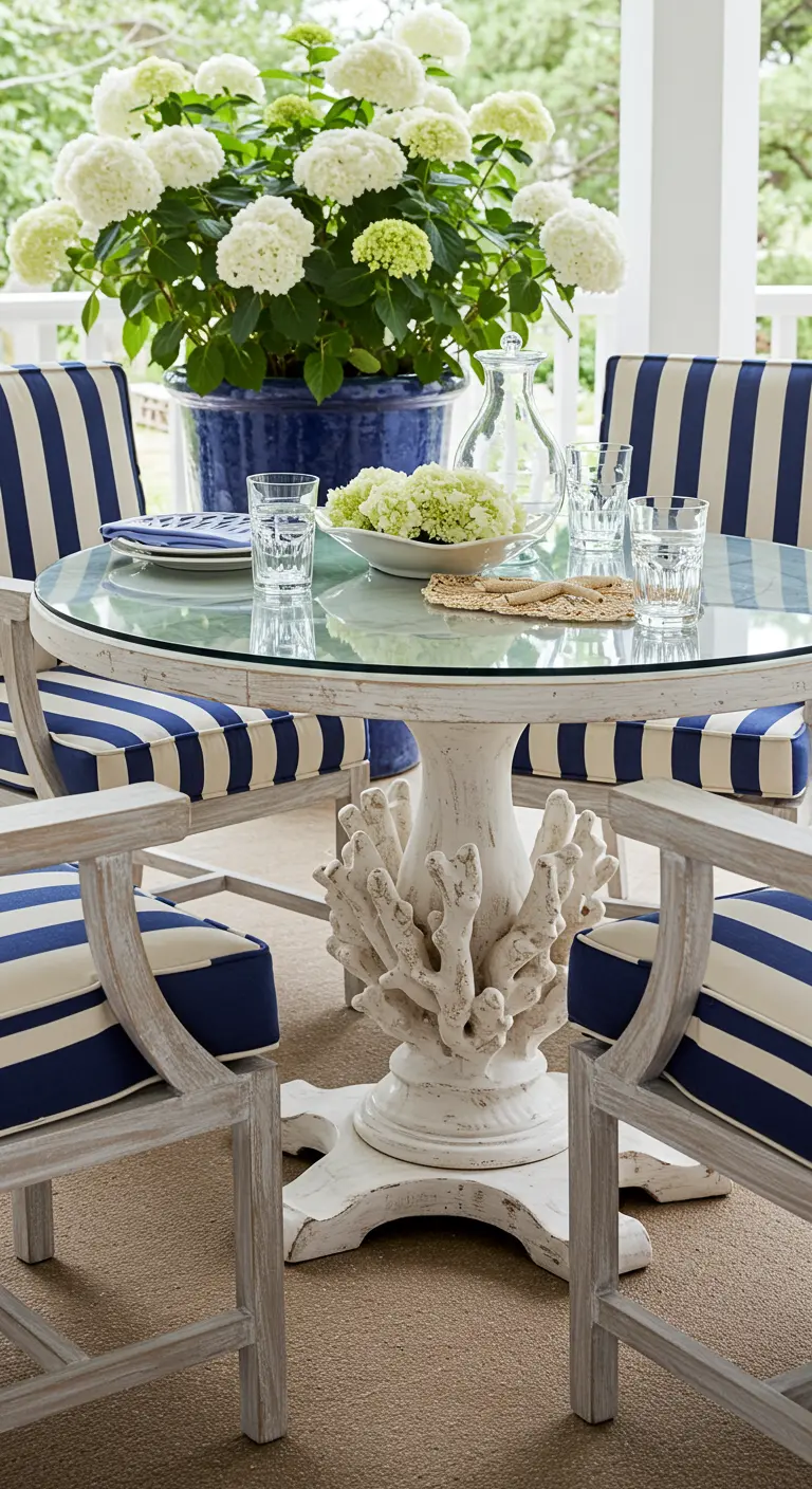 Table avec pied en forme de corail blanc et chaises à rayures bleues.