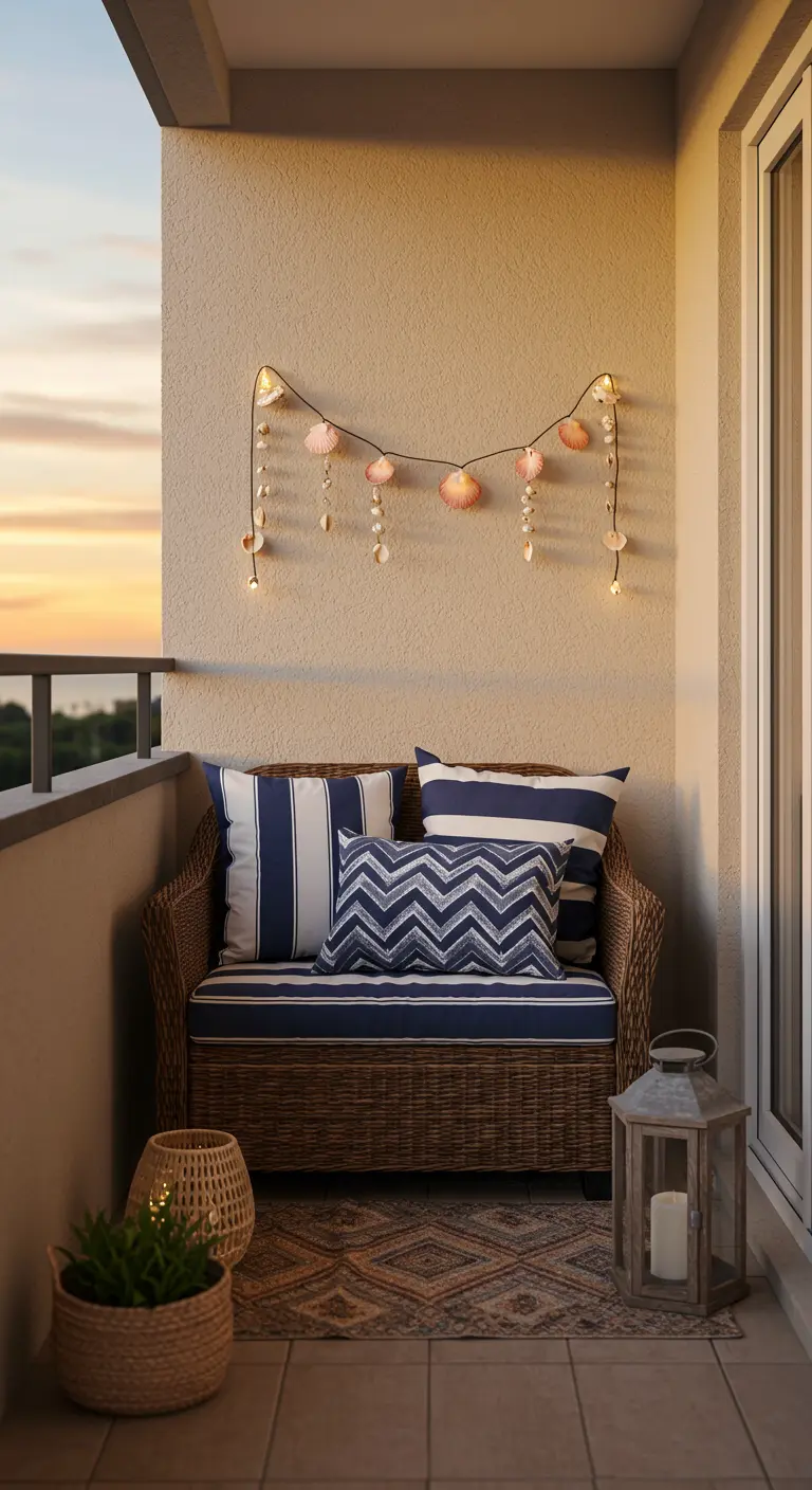 Petit balcon de style côtier avec des coussins bleus et une guirlande de coquillages