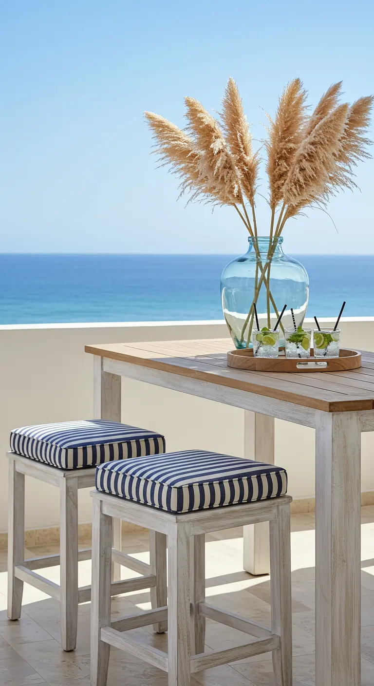 Table haute en bois clair face à la mer, avec des herbes de la pampa.