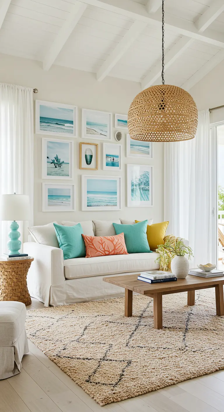 Salon côtier avec canapé blanc, coussins turquoise et une galerie de photos de plage.