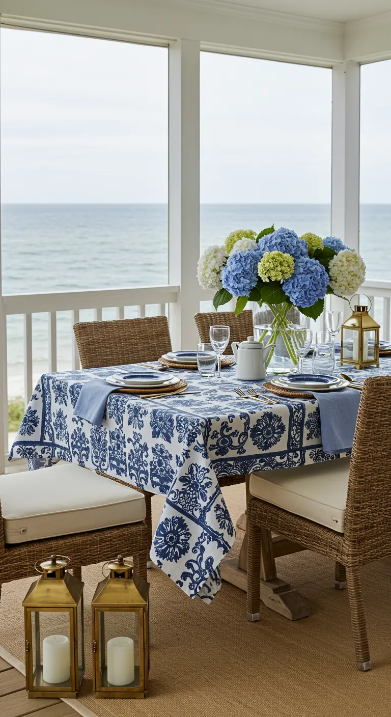 Table sur une terrasse face à la mer, avec une nappe bleue et blanche et un vase d'hortensias.
