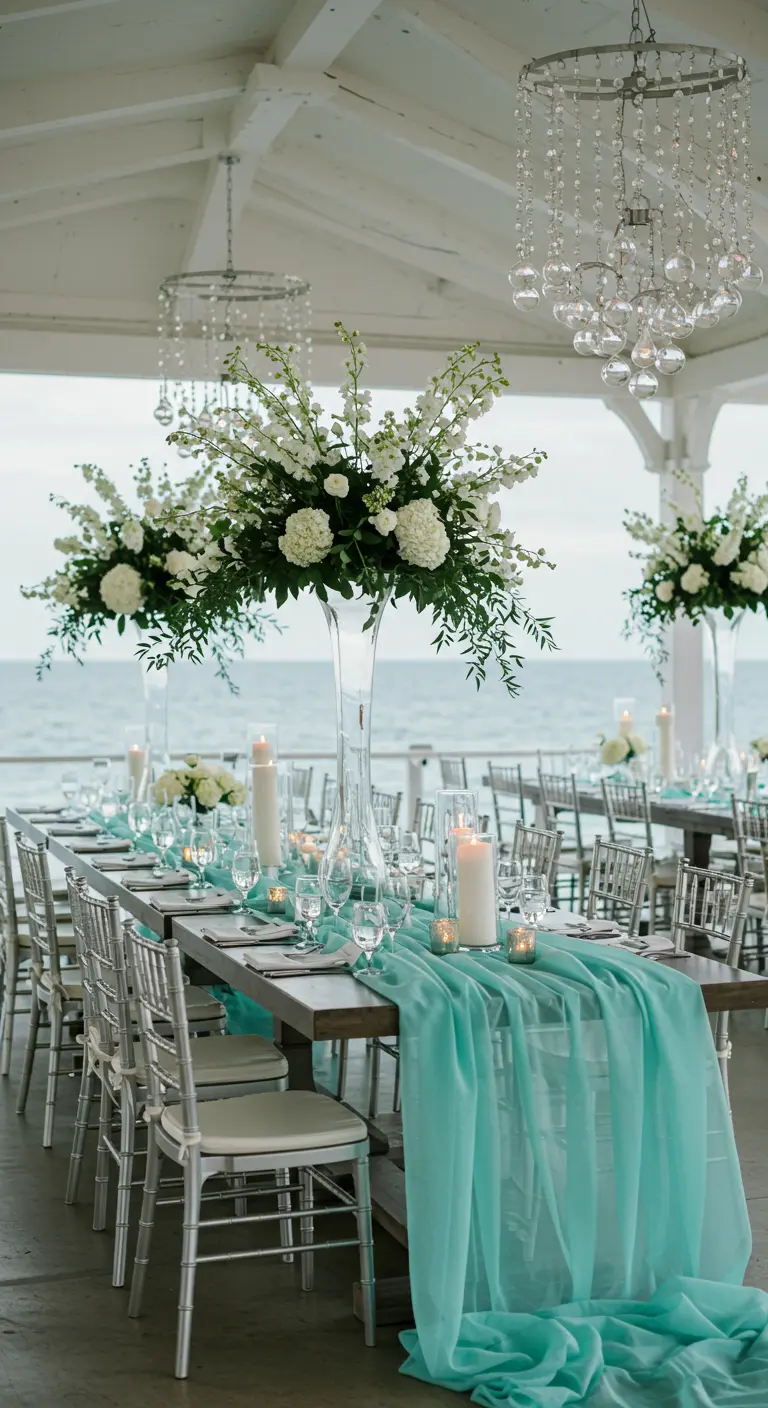 Table de réception en bord de mer avec chemin de table turquoise et hauts bouquets blancs.