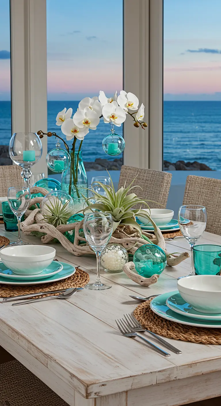 Centre de table avec bois flotté, orchidées blanches, plantes aériennes et boules de verre turquoise.