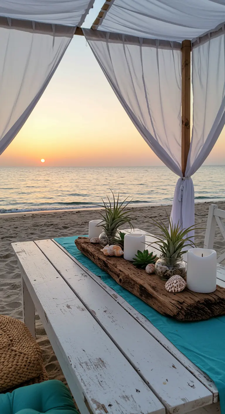 Table sur la plage au coucher du soleil avec un centre de table en bois flotté et bougies.