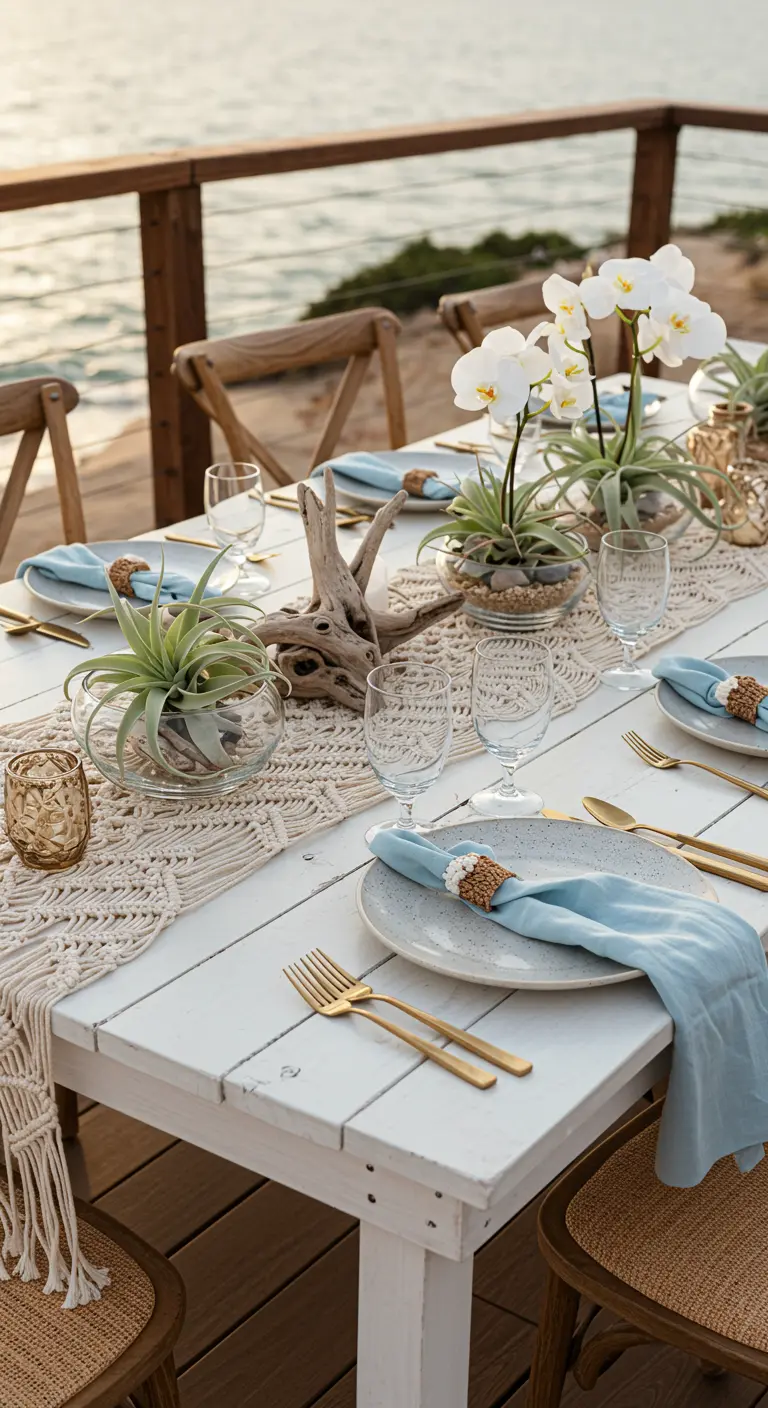 Table de mariage en bord de mer avec chemin de table en macramé et plantes aériennes.