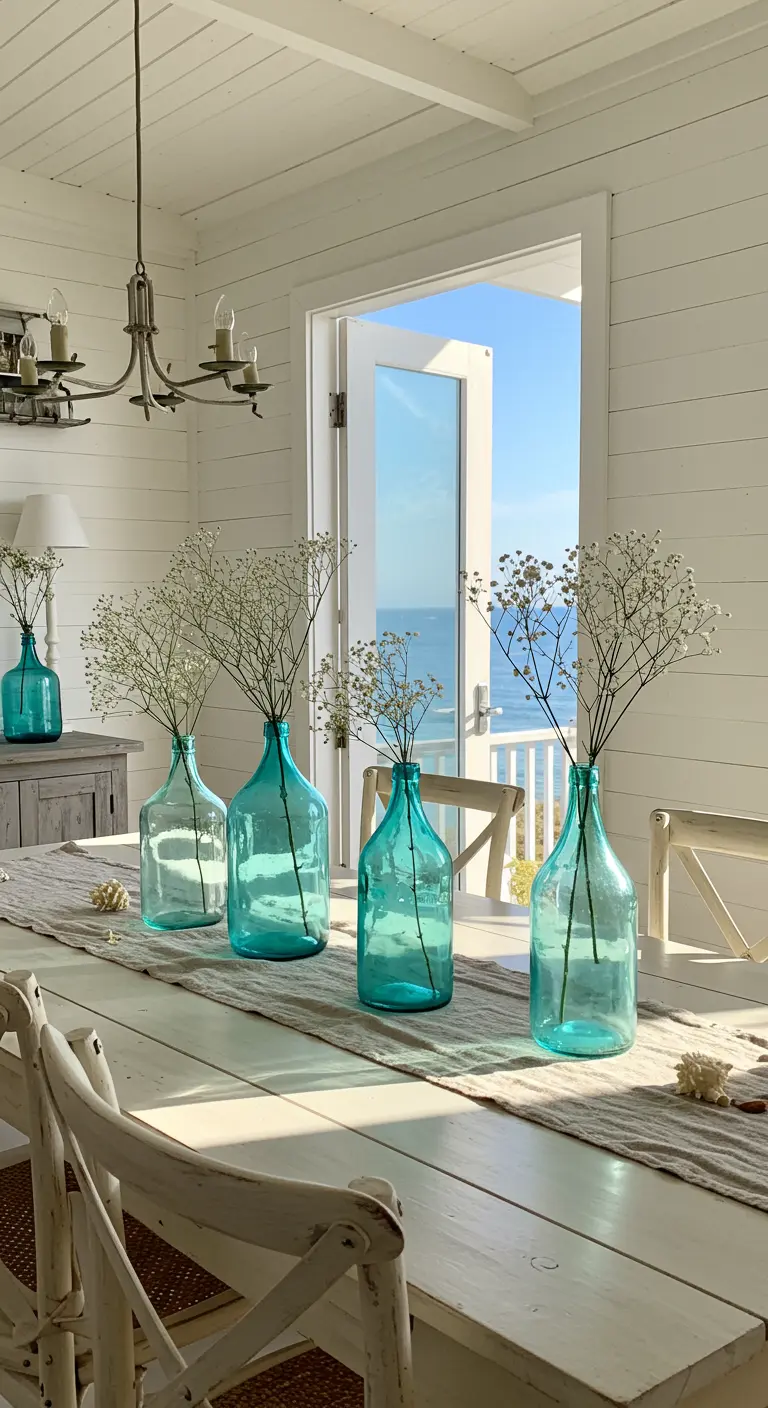 Alignement de dames-jeannes turquoise avec du gypsophile sur une table blanche vue mer.