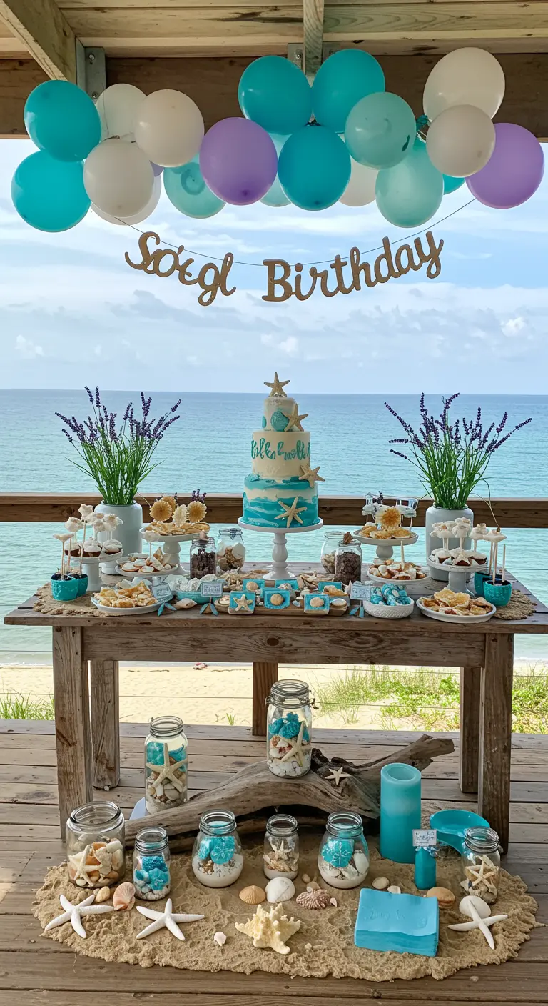 Buffet d'anniversaire sur le thème de la plage avec du sable, des coquillages et des tons turquoise.