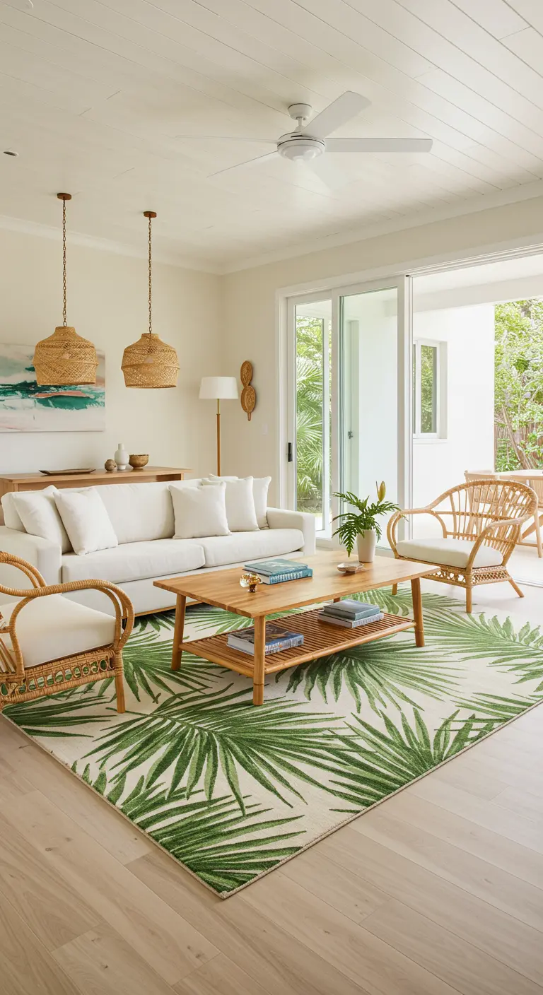 Salon lumineux d'inspiration tropicale avec tapis à motif de palmes et mobilier en rotin et bois clair.