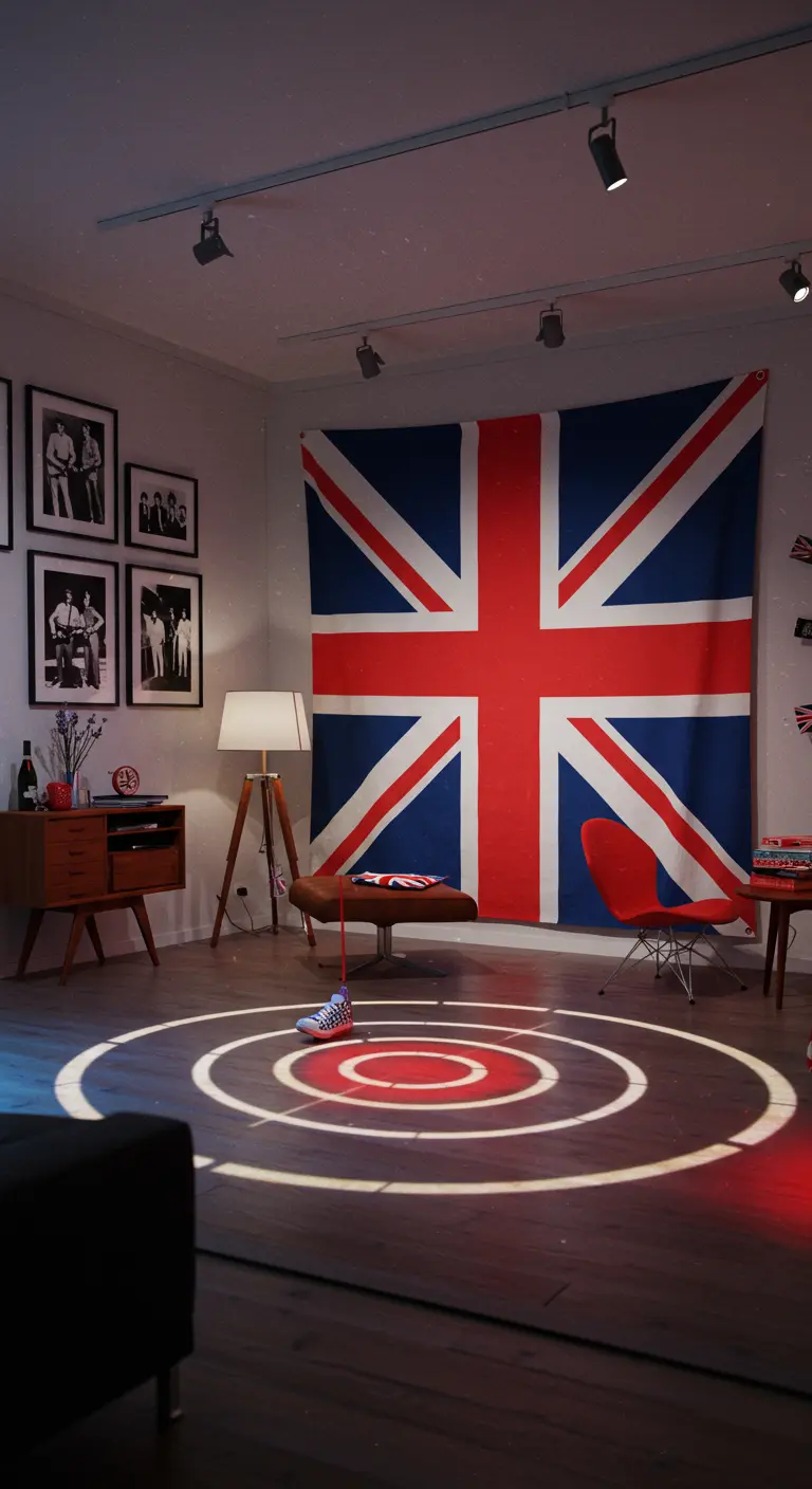 Salon avec un grand drapeau britannique et un logo projeté au sol.