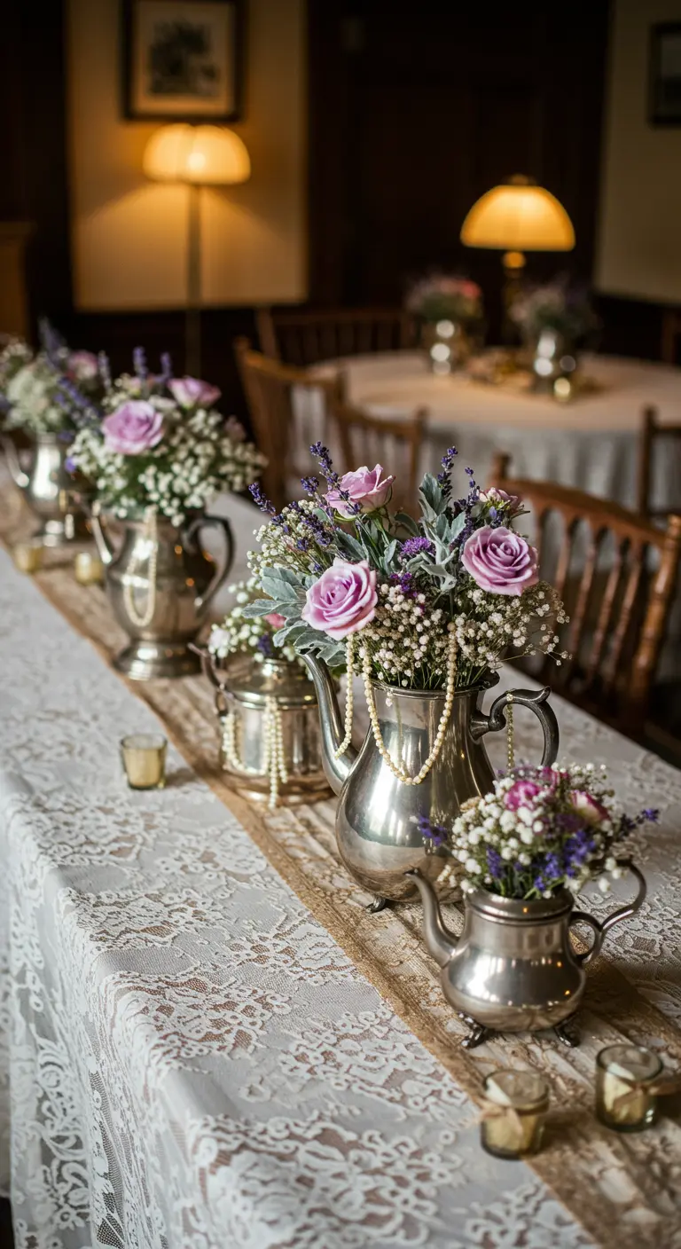 Bouquets de fleurs violettes et roses dans des théières en argent sur une nappe en dentelle.