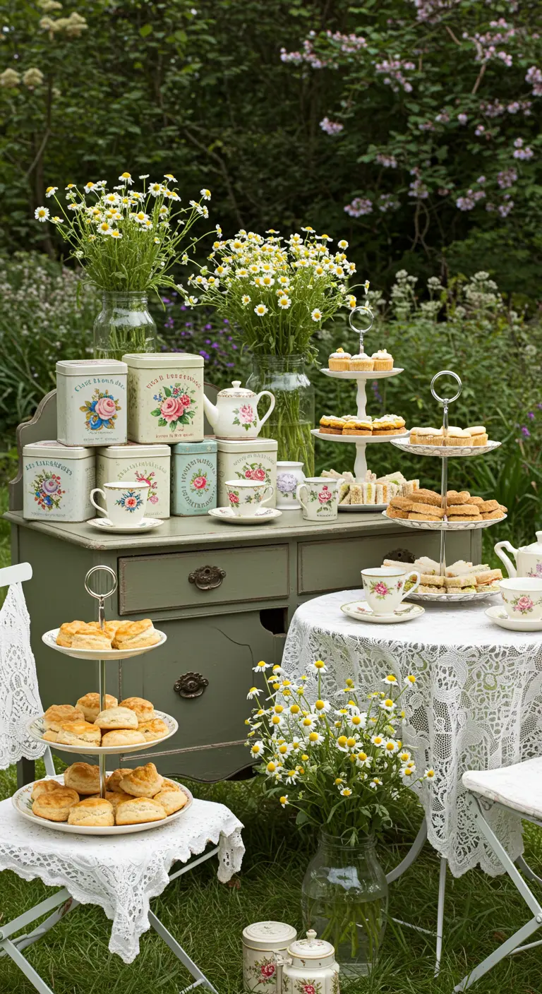 Buffet de jardin vintage sur une vieille commode, avec des boîtes en métal fleuries.