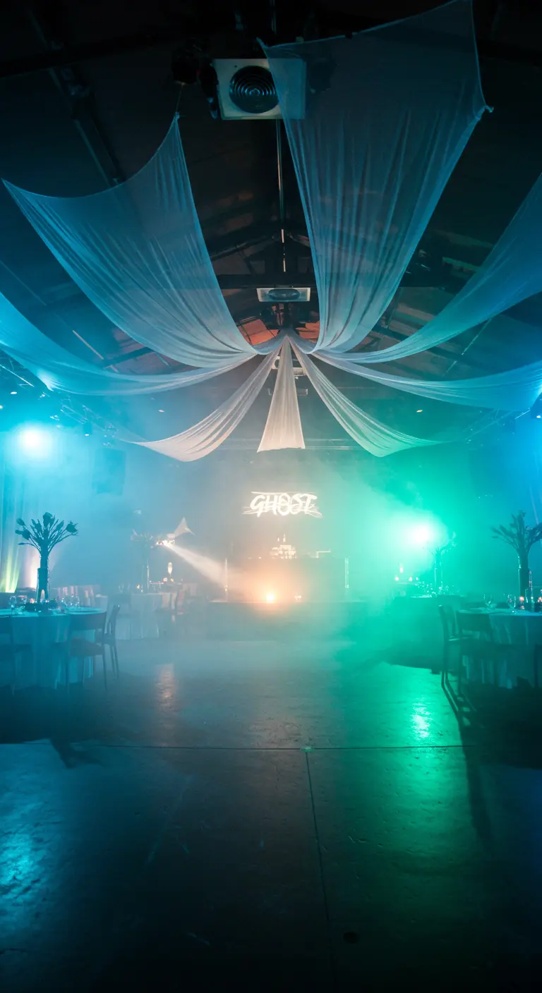 Salle de fête enfumée avec de grands tissus blancs drapés au plafond et des lumières bleues.