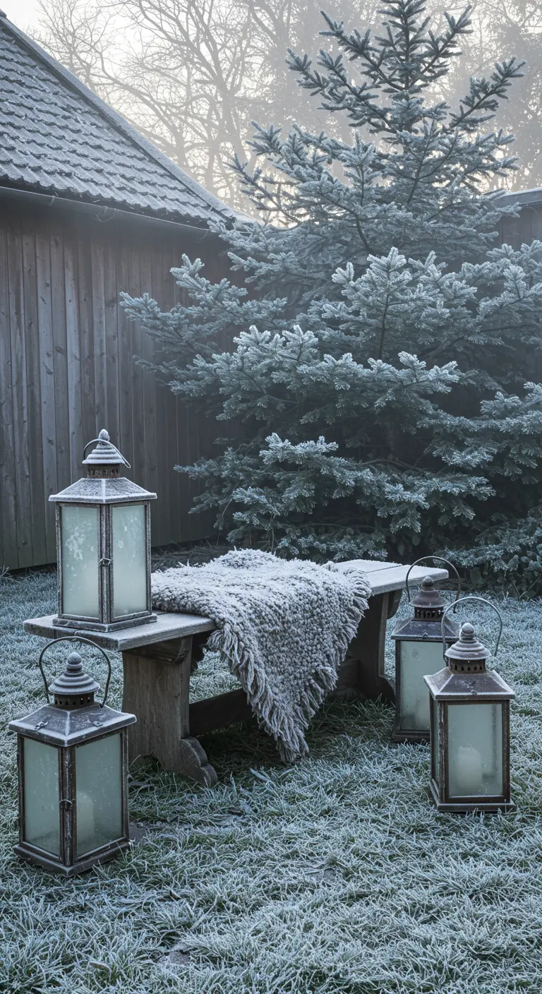Banc et lanternes couverts de givre dans un jardin brumeux.