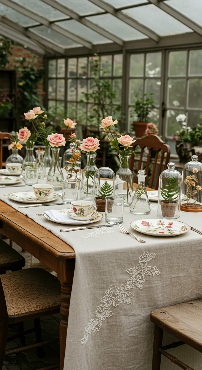 Table de brunch dans une serre avec roses, fougères dans des vases et vaisselle vintage.