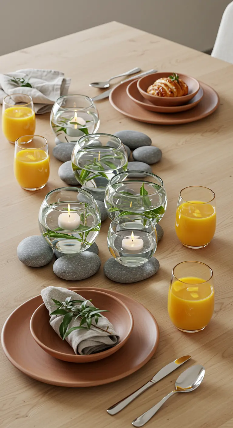 Table de brunch avec boules en verre, galets gris et petites bougies.