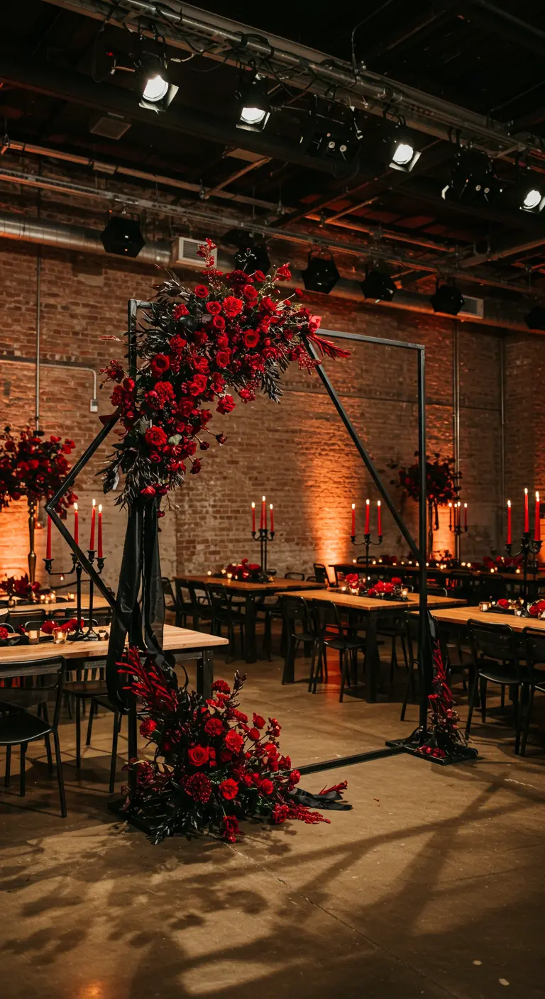 Arche géométrique noire décorée de roses rouges et de verdure dans un espace industriel.