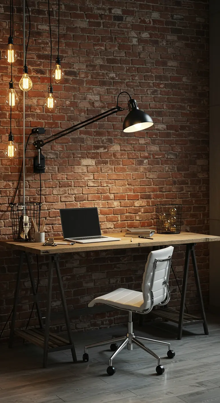 Bureau de style industriel avec mur de briques, lampe articulée et ampoules suspendues.