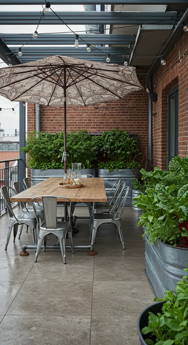 Terrasse industrielle chic avec chaises en métal, jardinières en zinc et parasol motif.