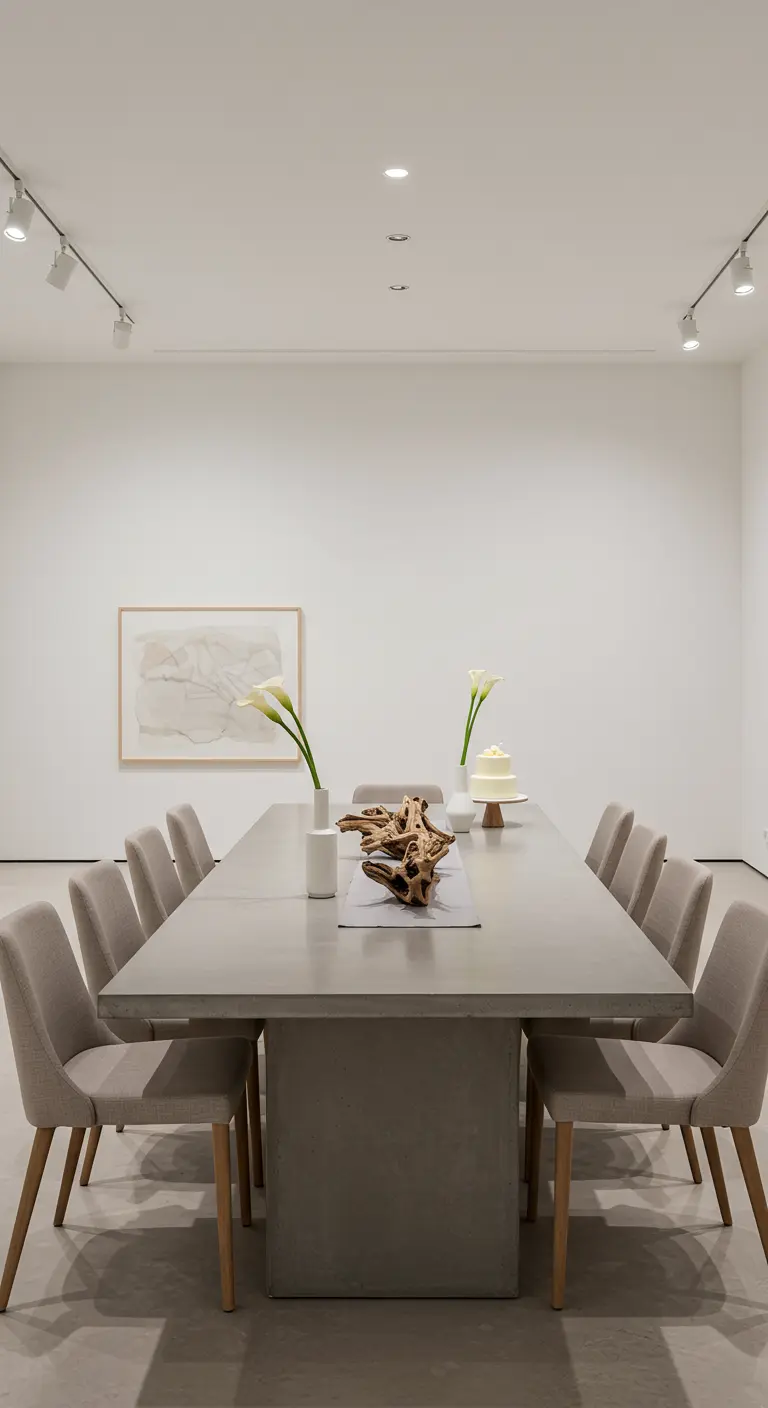 Longue table en béton gris, pièce de bois flotté sculpturale, vases blancs, lumières discrètes.
