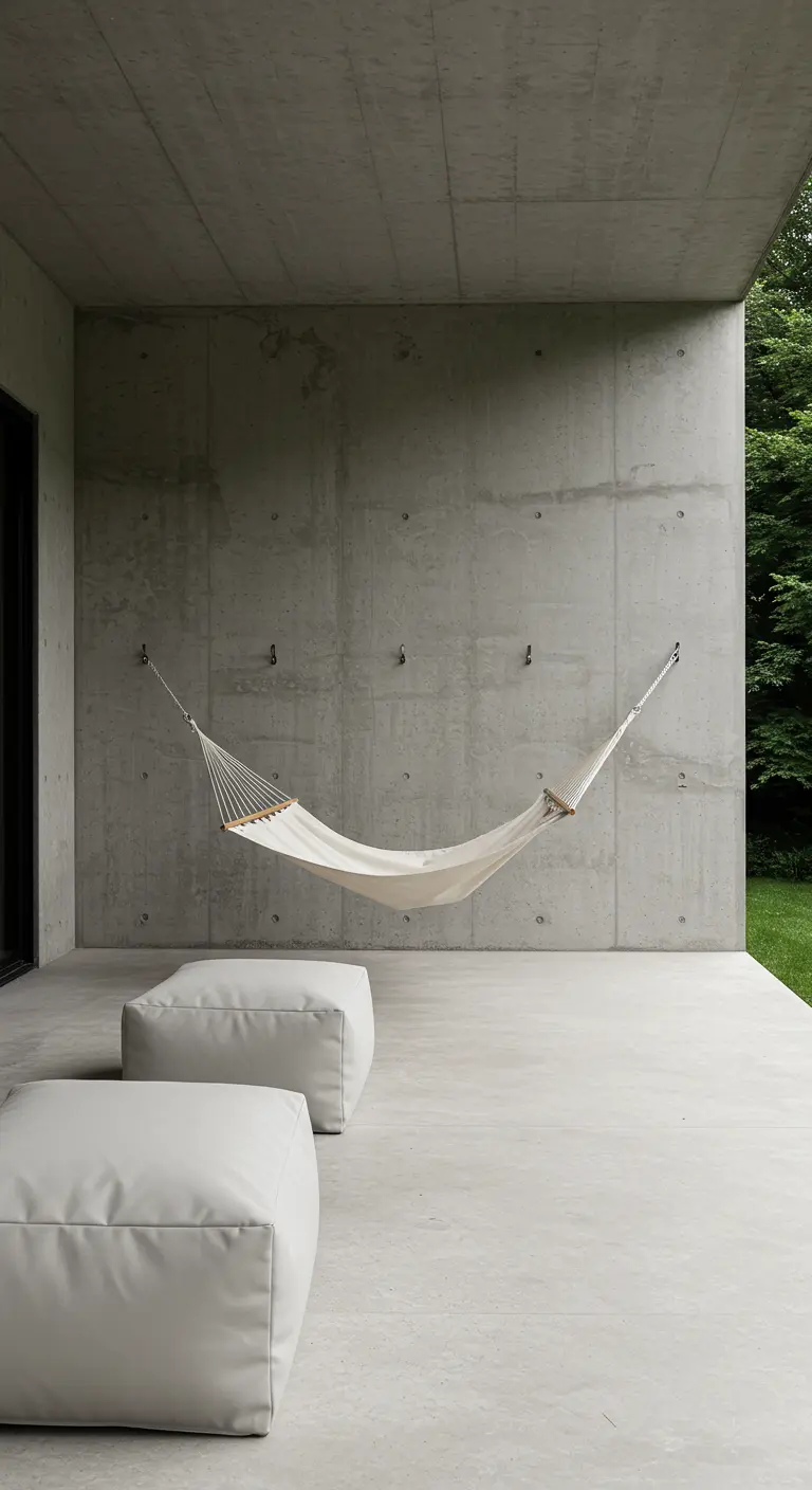 Hamac blanc et poufs clairs sur une terrasse en béton brut.
