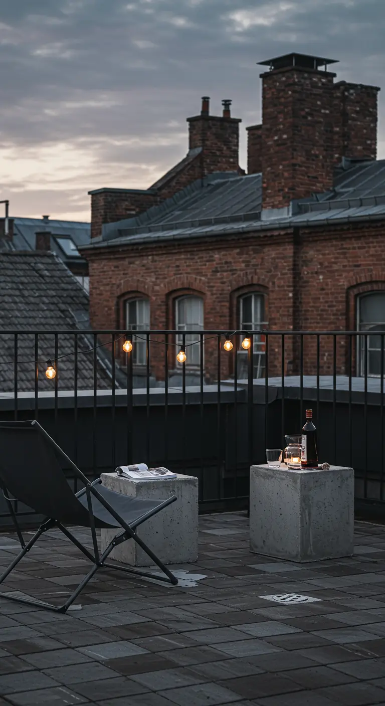 Chaise longue noire sur un toit-terrasse avec des blocs de béton et des guirlandes.