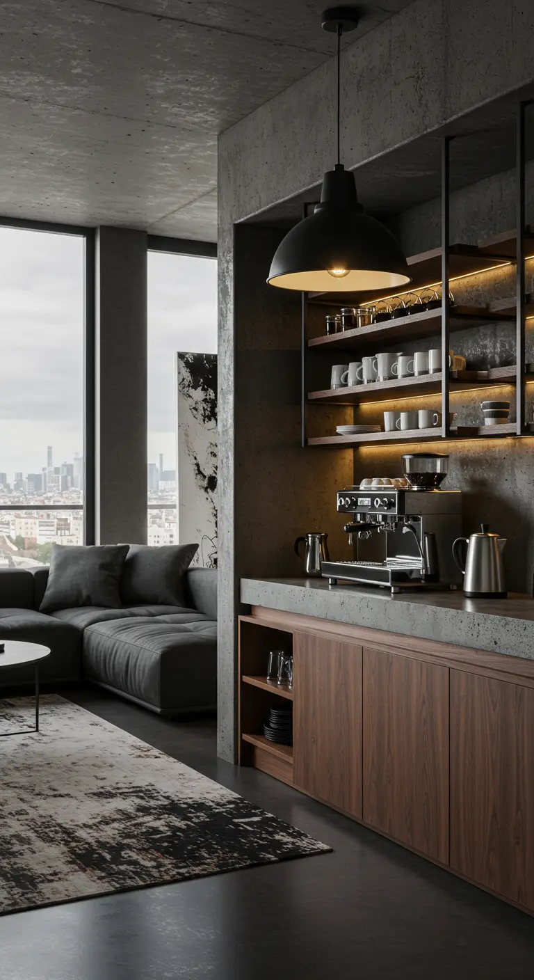 Coin café industriel avec comptoir en béton, étagères métalliques et machine à expresso.
