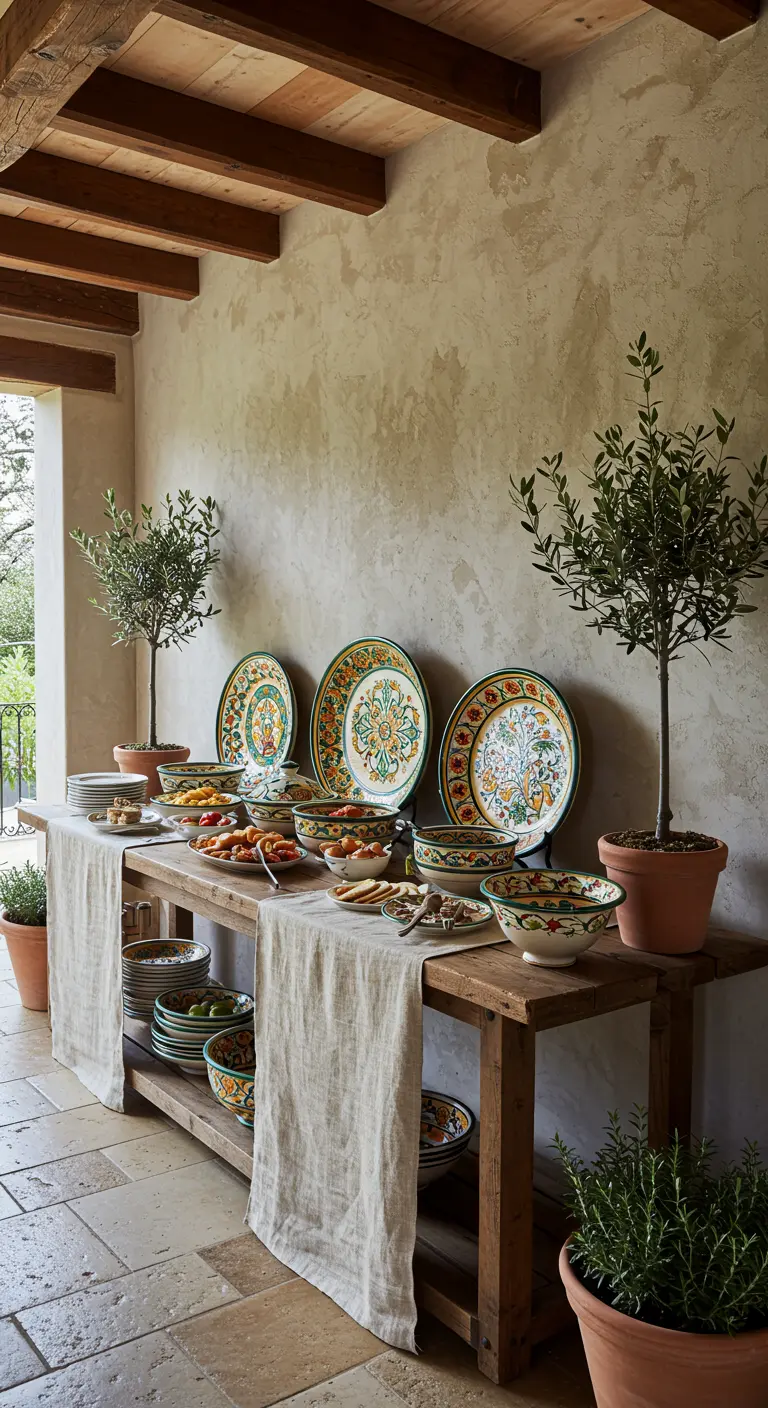 Buffet en bois avec de la vaisselle en céramique et des oliviers en pot.
