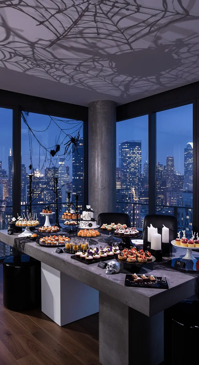 Buffet d'Halloween moderne avec vue sur la ville, ombres de toiles d'araignées au plafond.