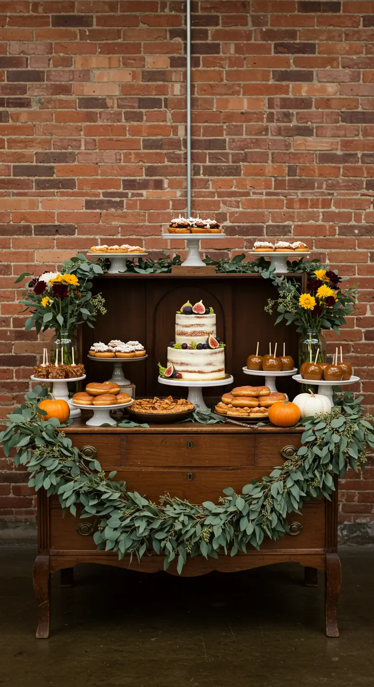 Buffet de desserts d'automne sur une commode en bois avec une guirlande de feuilles.