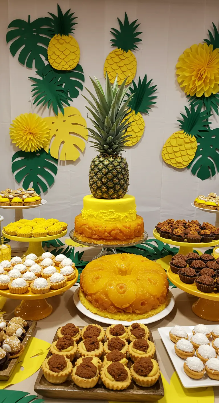 Table de desserts sur le thème de l'ananas avec gâteaux et décorations en papier.