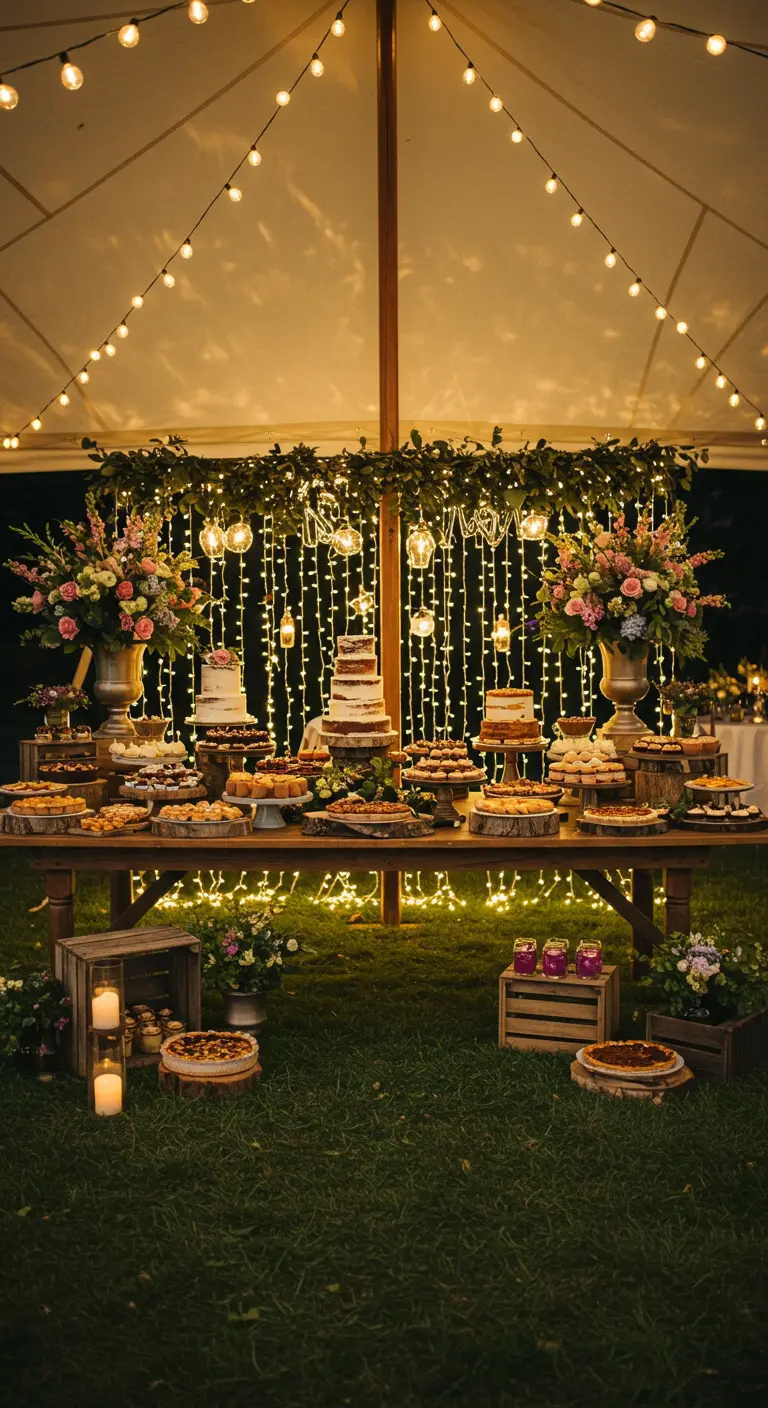 Grand buffet de gâteaux illuminé par de multiples guirlandes la nuit.