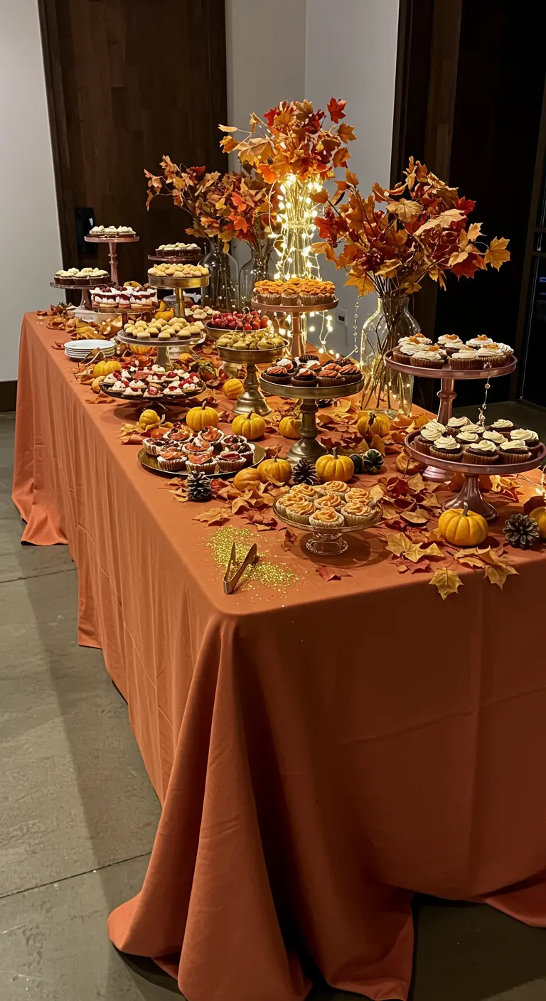 Un long buffet recouvert d'une nappe terracotta, rempli de desserts, de citrouilles, de feuilles d'automne et de lumières féeriques.