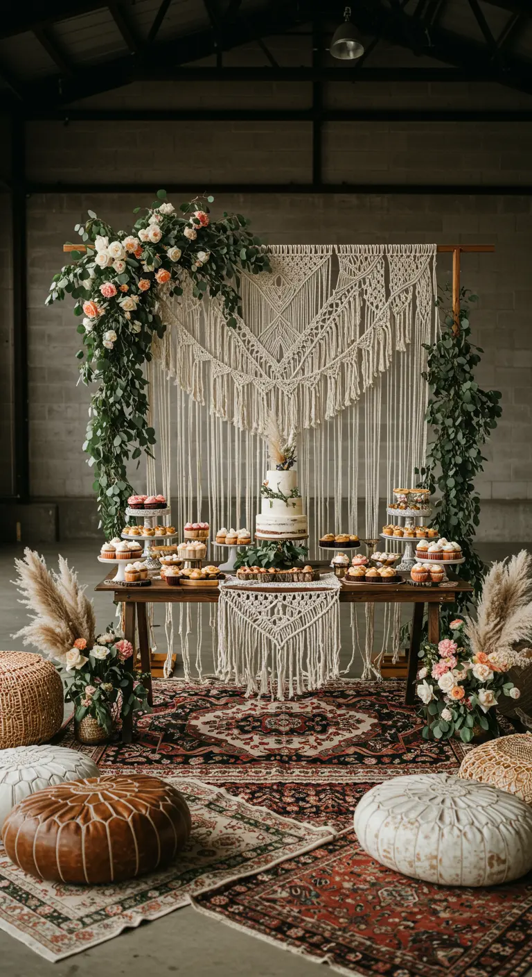 Buffet de desserts d'anniversaire mis en scène devant une arche avec macramé.