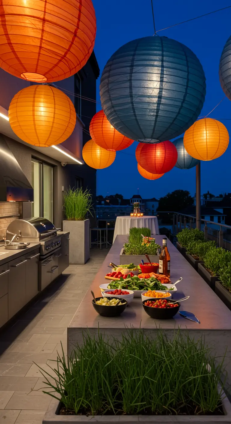 Cuisine extérieure moderne avec un grand buffet et de très grands lampions colorés suspendus.
