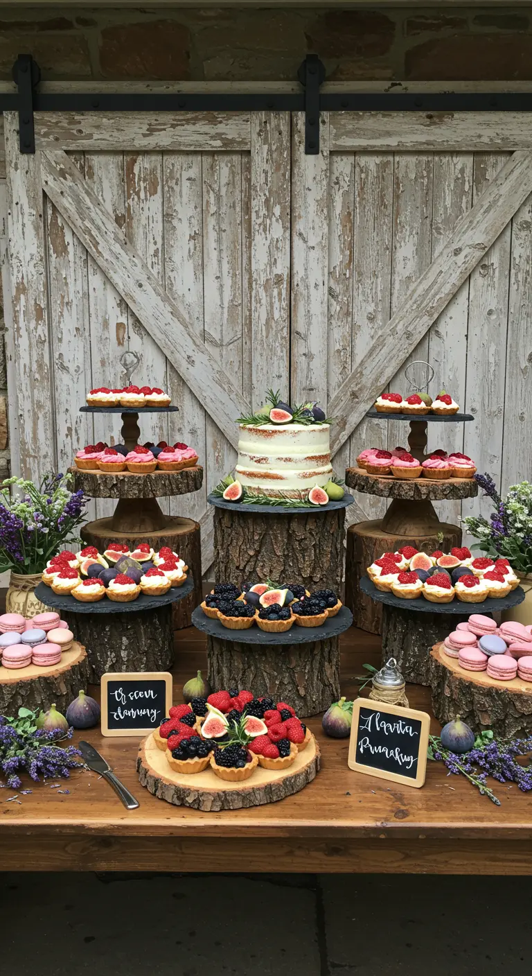Buffet de desserts rustique avec des gâteaux et tartelettes présentés sur des rondins de bois.