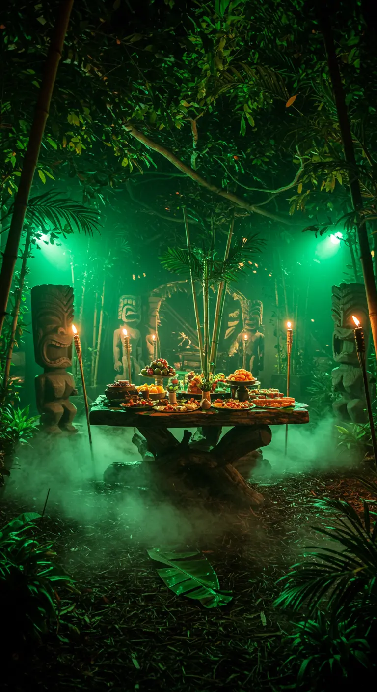 Buffet tropical dans une jungle éclairée en vert, avec de la fumée et des statues Tiki.