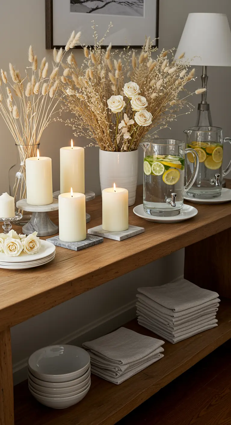 Buffet en bois avec bougies blanches, épis de blé séchés, roses blanches et carafes d'eau infusée.