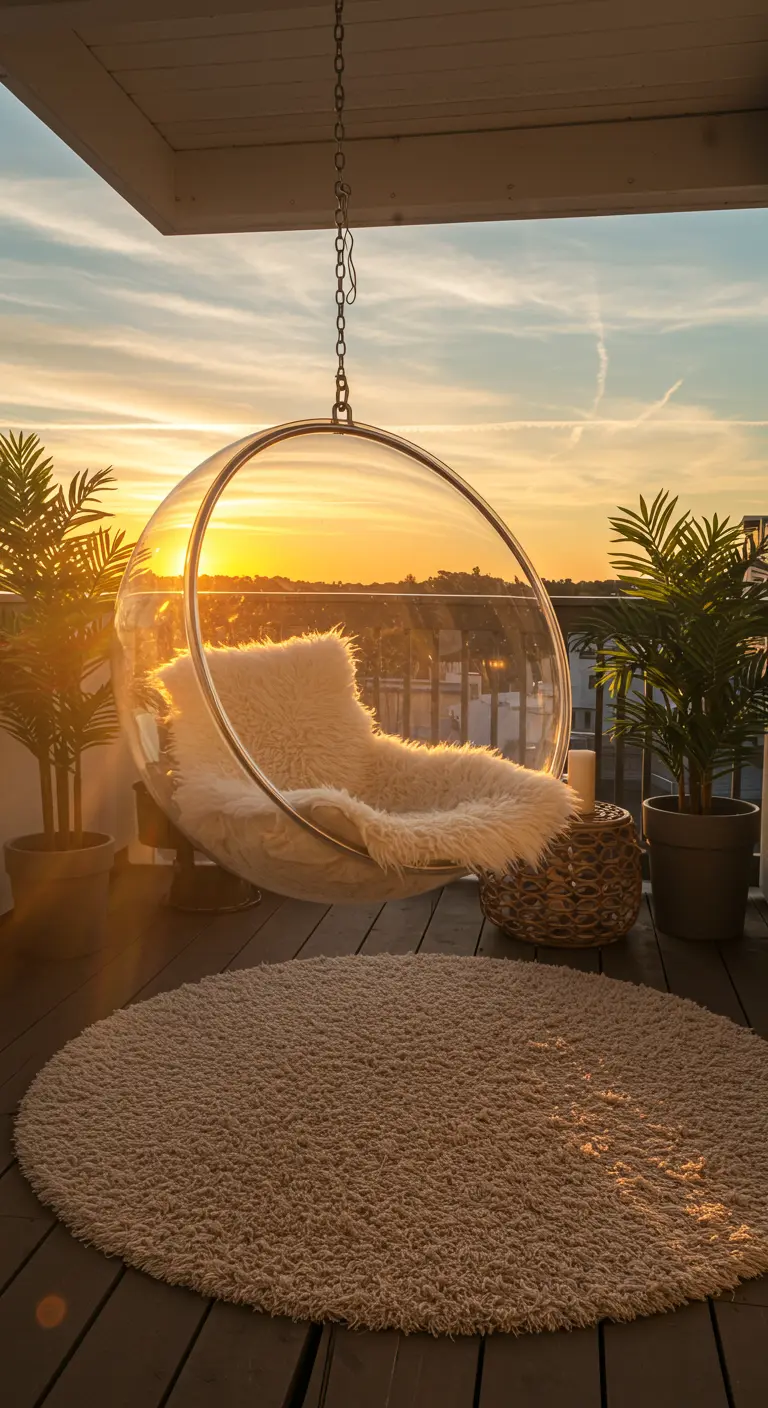 Fauteuil suspendu transparent 'Bubble' sur une terrasse en bois.