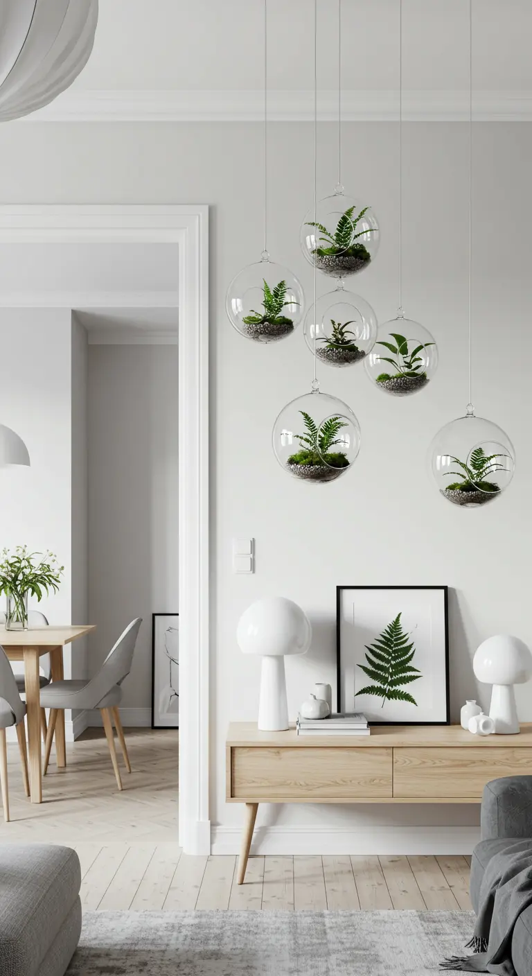 Terrariums en verre sphériques suspendus avec des fougères à l'intérieur d'un salon.