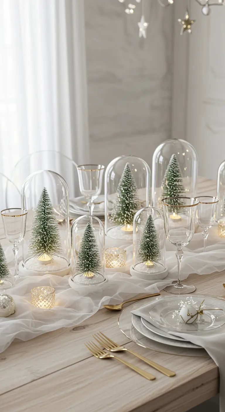 Table de Noël épurée avec chemin de table en gaze et multiples cloches en verre abritant des sapins.