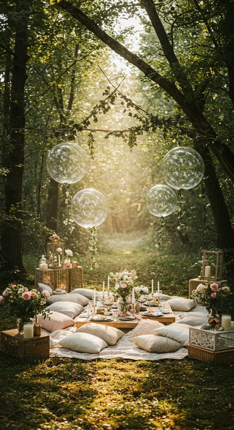 Ballons transparents suspendus dans une forêt éclairée par le soleil pour un pique-nique féerique.
