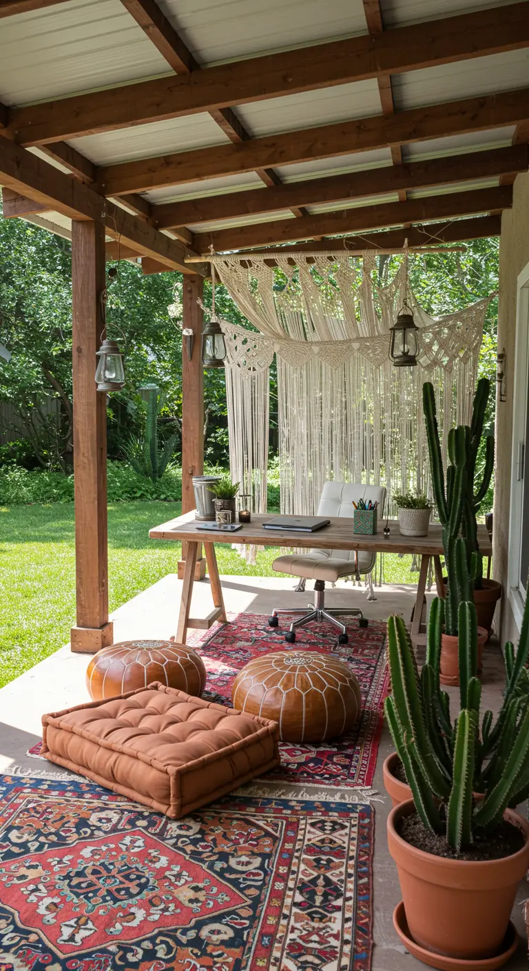 Bureau installé sur une terrasse couverte avec tapis persan, poufs en cuir et plantes grasses.