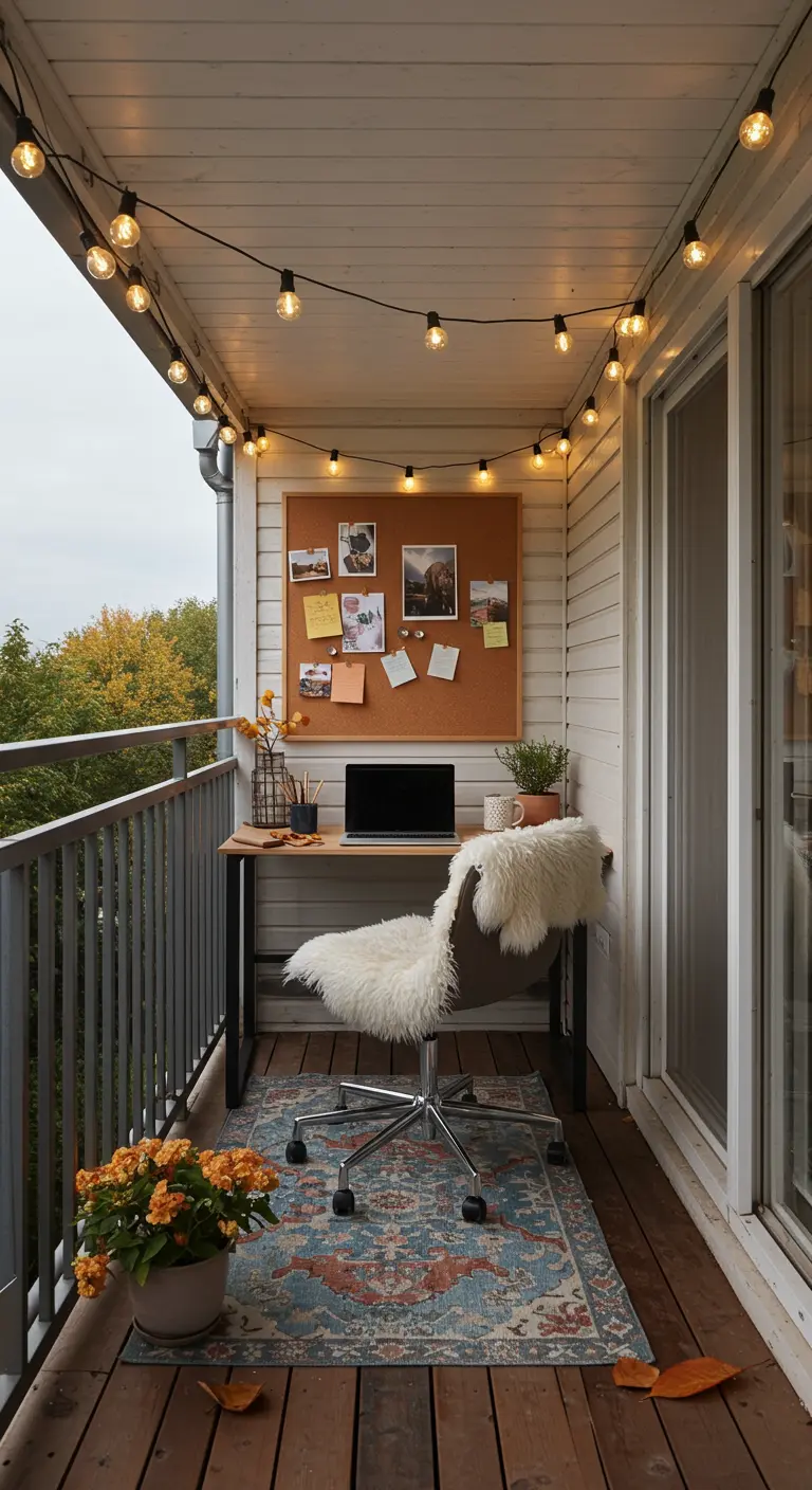 Balcon avec bureau, chaise avec peau de mouton, tableau en liège, tapis et guirlande lumineuse.